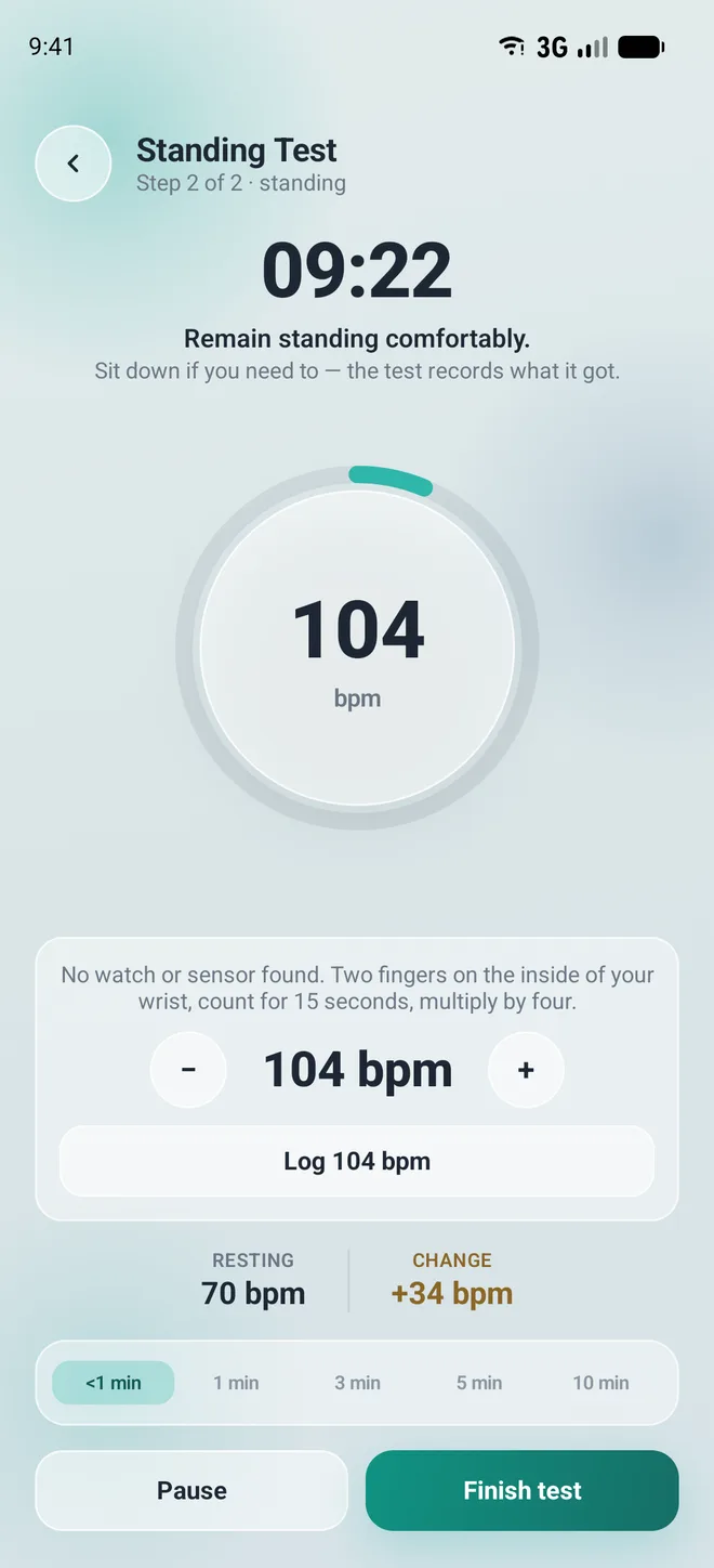 A standing test in progress, showing the upright phase counting down with a heart rate of 105 bpm and a change of plus 34 bpm from resting.