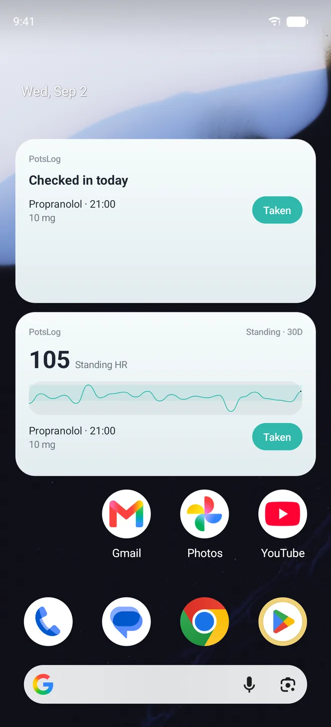 An Android home screen with two PotsLog widgets: a check-in widget showing today recorded with a dose to take, and a trend widget showing 30 days of standing heart rate as a line.